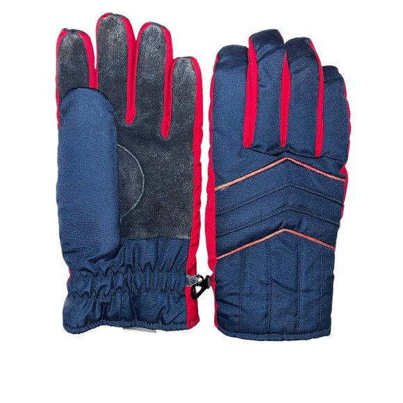 Mens Adult XL Insulated Winter Gloves With Leather Grip Palms Blue Red Polyester - Picture 2 of 5
